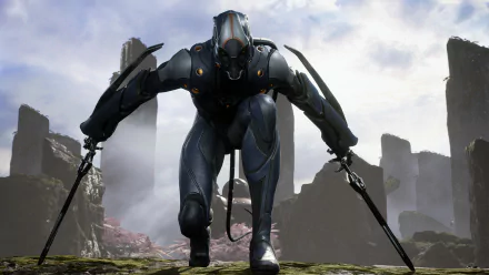 HD PC desktop wallpaper featuring a dynamic character from the video game Paragon, poised in a battle-ready stance against a ruined cityscape background.
