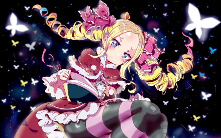 A vibrant HD wallpaper featuring Beatrice from Re:ZERO - Starting Life in Another World, surrounded by butterflies in a whimsical starry background.