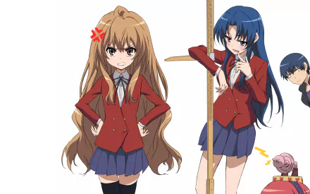 HD desktop wallpaper featuring Ryuuji Takasu, Ami Kawashima, and Taiga Aisaka from the anime Toradora! in their school uniforms.