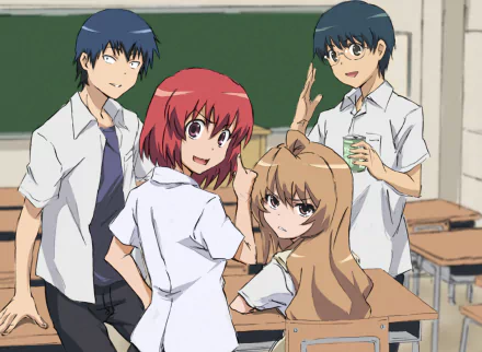 Toradora! wallpaper: Ryuuji Takasu, Taiga Aisaka, Minori Kushieda and Yusaku Kitamura smiling together in a classroom — HD anime PC desktop background.