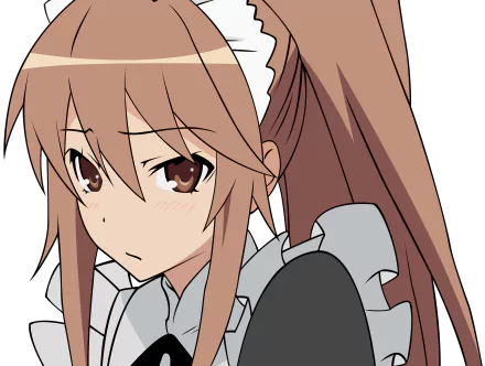 Anime wallpaper from Ookami-san to Shichinin no Nakama-tachi: close-up of a brown-haired maid with ponytail and headband, serious expression — 4K Ultra HD PC desktop background.