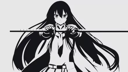 A striking 8K Ultra HD wallpaper featuring Akame from Akame Ga Kill! in a dynamic pose, wielding her sword with confidence and determination, showcasing her iconic long black hair.