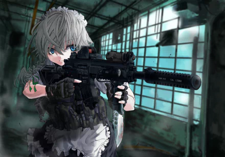 Sakuya Izayoi, depicted as a maid, wields a Heckler & Koch HK416 and a knife in a dynamic anime-style HD wallpaper, set against an industrial backdrop.
