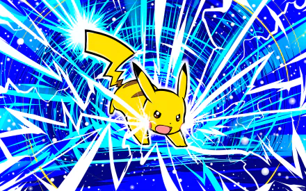 HD desktop wallpaper of Pikachu, an anime Pokémon, surrounded by dynamic blue and white lightning effects.