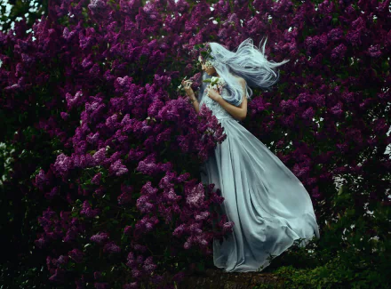 Woman with flowing white hair and billowing white dress among dense purple lilac flowers, moody HD PC desktop wallpaper background.