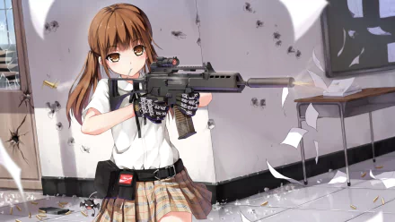 Anime girl in a school uniform aims a Heckler & Koch G36, surrounded by debris, creating a dynamic and striking HD wallpaper.