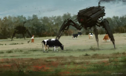 HD PC desktop wallpaper depicting a sci-fi scene with cows grazing near a large robotic spider in a painted rural landscape.