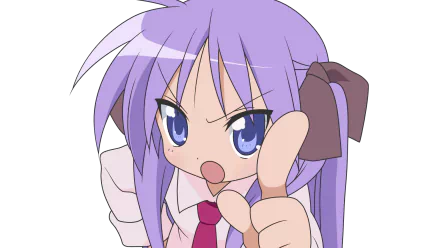 Kagami Hiiragi from Lucky Star anime, pointing and scolding with purple hair and blue eyes — HD PC desktop wallpaper/background.