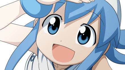 4K Ultra HD PC desktop wallpaper of Ika Musume (Squid Girl) anime character, smiling with big blue eyes and squid-like blue hair tentacles raised.