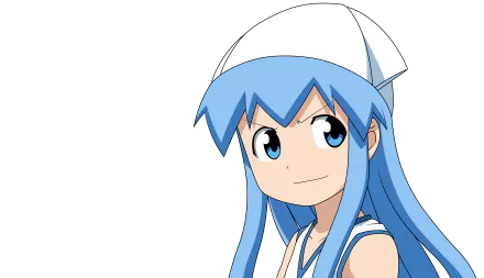 Ika Musume (Squid Girl) anime: blue‑haired girl in sailor hat, smiling; 8K Ultra HD PC desktop wallpaper/background.