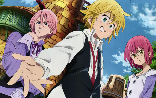 HD desktop wallpaper of characters Meliodas, Gowther, and Gilthunder from the anime The Seven Deadly Sins. The trio stands in front of a rustic building under a bright blue sky.