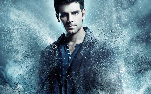A dramatic HD wallpaper featuring a character from the TV show Grimm, surrounded by swirling mist and shadows, conveying a sense of mystery and intrigue.