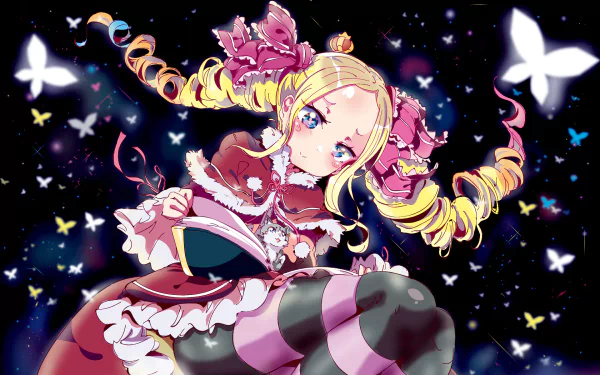 A vibrant HD wallpaper featuring Beatrice from Re:ZERO - Starting Life in Another World, surrounded by butterflies in a whimsical starry background.