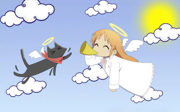 HD anime wallpaper featuring Hakase and Sakamoto from Nichijō, depicted as angels with halos and wings floating among clouds under a bright sun.