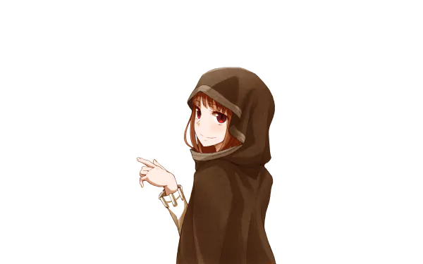 Holo from Spice & Wolf anime, depicted in 4K Ultra HD style with a brown hooded cloak, set against a clean white background for a PC desktop wallpaper.