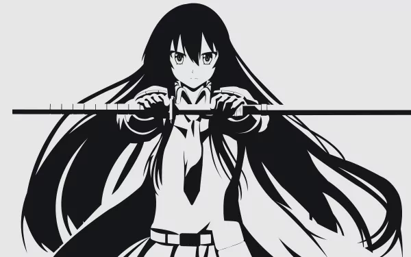 A striking 8K Ultra HD wallpaper featuring Akame from Akame Ga Kill! in a dynamic pose, wielding her sword with confidence and determination, showcasing her iconic long black hair.