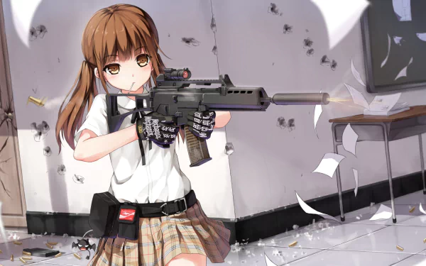 Anime girl in a school uniform aims a Heckler & Koch G36, surrounded by debris, creating a dynamic and striking HD wallpaper.