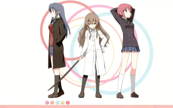 HD wallpaper featuring Minori Kushieda, Taiga Aisaka, and Ami Kawashima from the anime Toradora!, set against a vibrant circular backdrop.