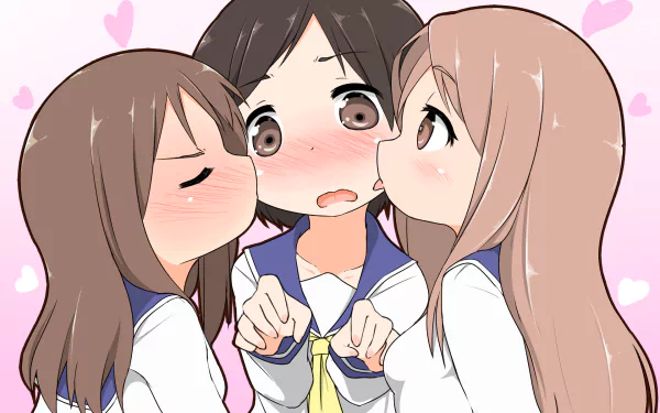 HD anime wallpaper featuring Kei Okano, Fumi Hasegawa, and Chiho Aikawa from Yuyushiki in a yuri-themed scene with soft pink hearts in the background.