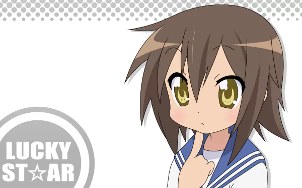 HD PC desktop wallpaper of Misao Kusakabe from Lucky Star: anime-style girl in a sailor uniform with a thoughtful pose against a white, dotted background and a Lucky Star logo.