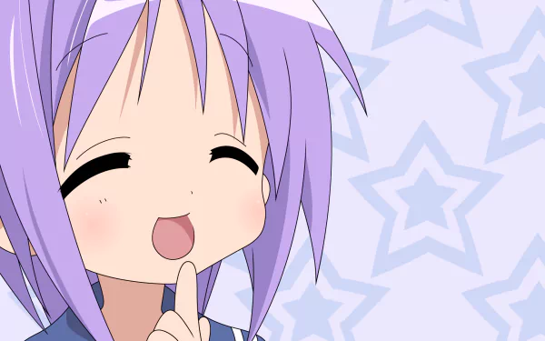 Tsukasa Hiiragi from Lucky Star smiling with eyes closed against a light blue star-patterned background, featured in an HD PC desktop wallpaper.