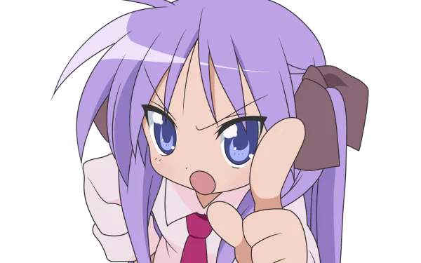 Kagami Hiiragi from Lucky Star anime, pointing and scolding with purple hair and blue eyes — HD PC desktop wallpaper/background.