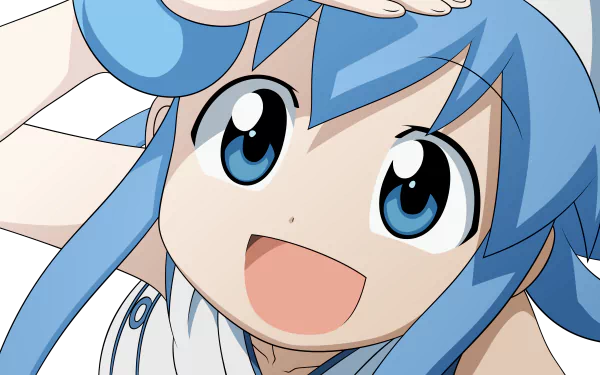 4K Ultra HD PC desktop wallpaper of Ika Musume (Squid Girl) anime character, smiling with big blue eyes and squid-like blue hair tentacles raised.
