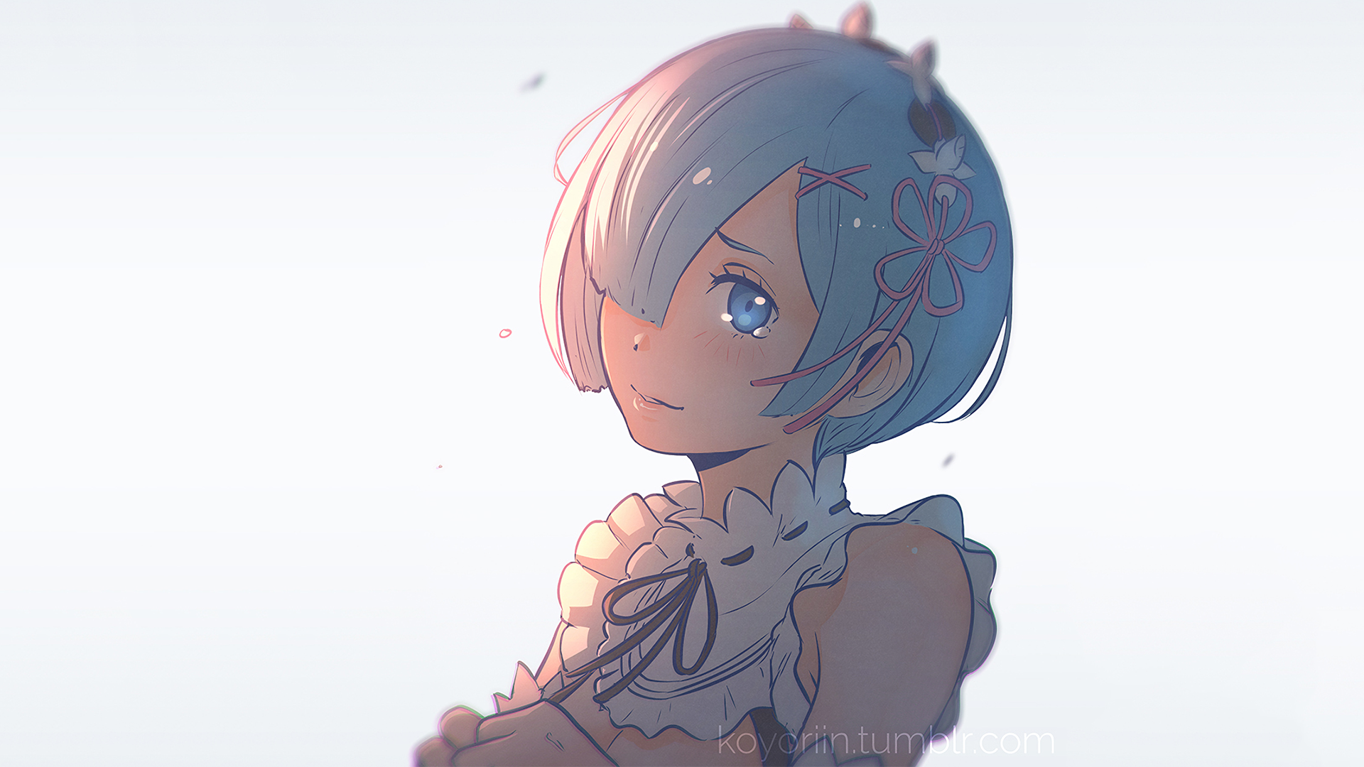 HD anime desktop wallpaper featuring Rem from Re:Zero - Starting Life in Another World, showcasing her delicate expression and detailed blue hair against a soft background.