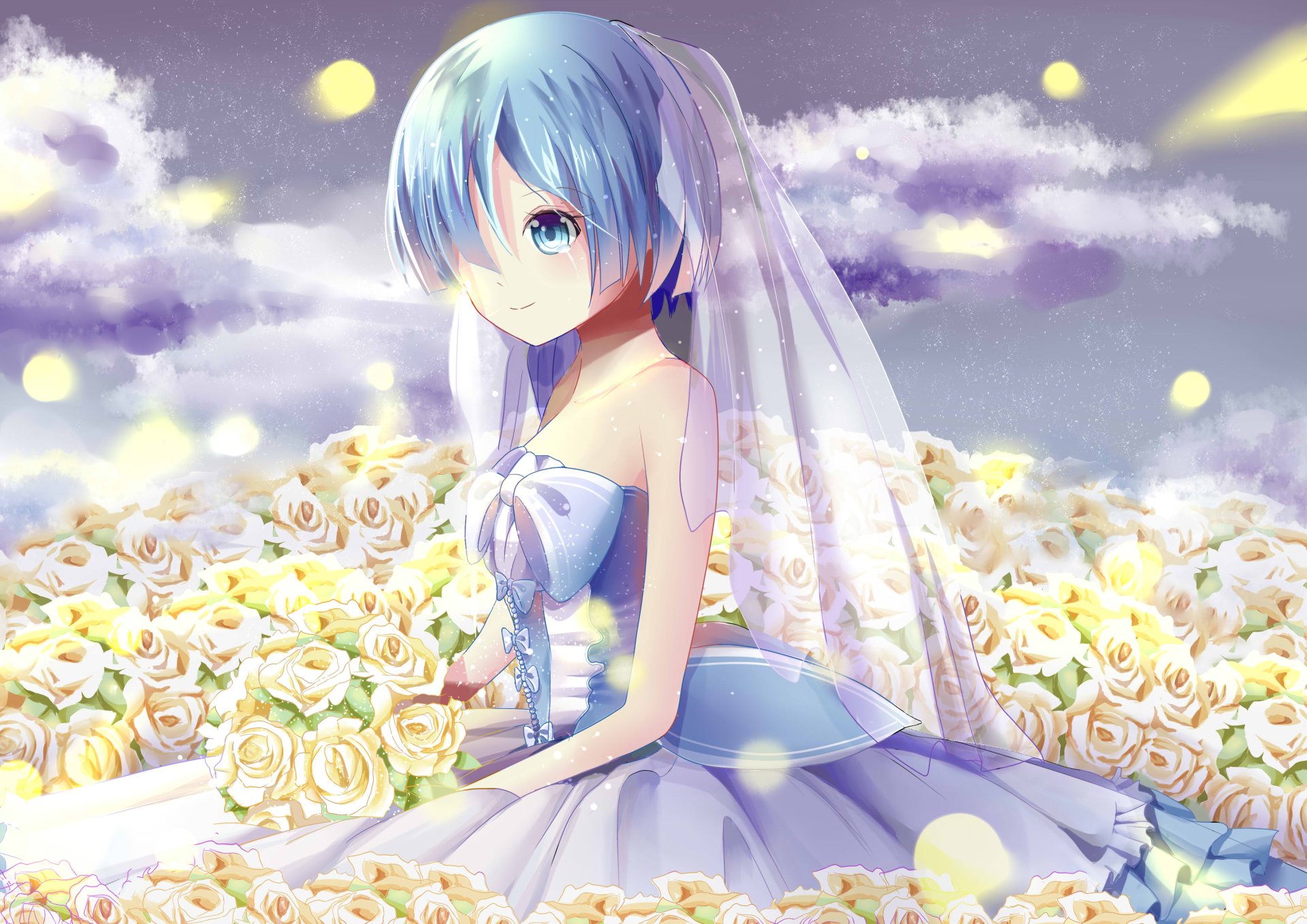HD PC desktop wallpaper featuring Rem from Re:Zero - Starting Life in Another World, depicted in a white dress surrounded by blooming white roses under a glowing sky.