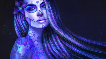 A vibrant purple Day of the Dead tattoo art featuring a woman with a sugar skull design, showcasing intricate details and flowing hair against a dark background.