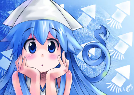 Ika Musume (Squid Girl) anime 2K Quad HD PC desktop wallpaper — close-up of blue-haired, wide-eyed Squid Girl with curling tentacle hair, hands on cheeks.