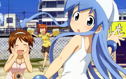 2K Quad HD PC desktop wallpaper of Ika Musume (Squid Girl) anime: blue‑haired squid girl in white dress with friends at the seaside, playful summer scene background.