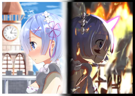 HD wallpaper featuring Rem from Re:ZERO - Starting Life in Another World, showcasing her contrasting expressions against a vibrant background of destruction and beauty.