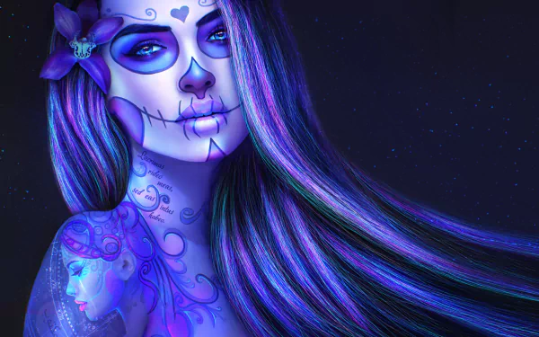A vibrant purple Day of the Dead tattoo art featuring a woman with a sugar skull design, showcasing intricate details and flowing hair against a dark background.