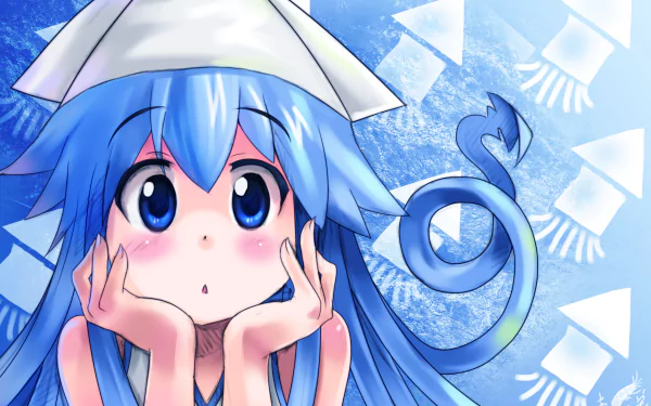 Ika Musume (Squid Girl) anime 2K Quad HD PC desktop wallpaper — close-up of blue-haired, wide-eyed Squid Girl with curling tentacle hair, hands on cheeks.