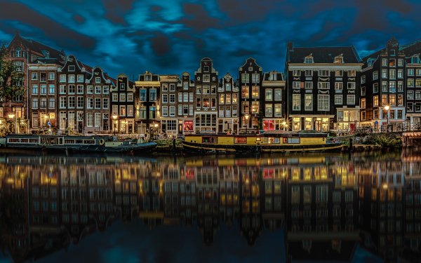 Man Made Amsterdam Cities Netherlands Reflection Night Canal House Building HD Wallpaper | Background Image