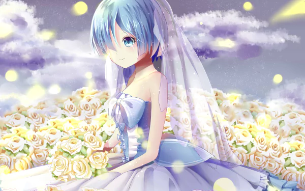 HD PC desktop wallpaper featuring Rem from Re:Zero - Starting Life in Another World, depicted in a white dress surrounded by blooming white roses under a glowing sky.