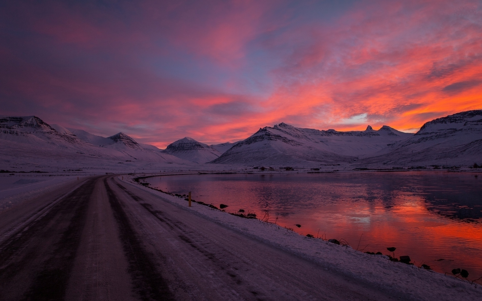 Winter Road to Pink Snowy Mountains at Sunset – HD Nature Wallpaper