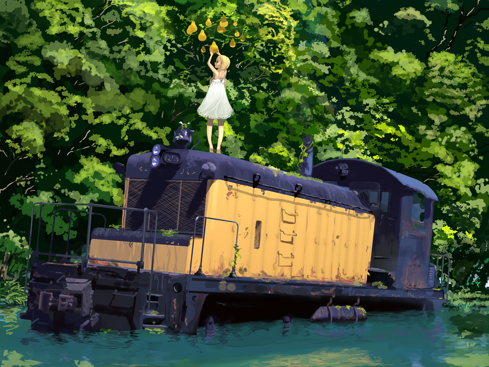 Anime train HD PC desktop wallpaper: yellow vintage train half-submerged in a forest pond, girl in a white dress standing on its roof holding leaves.