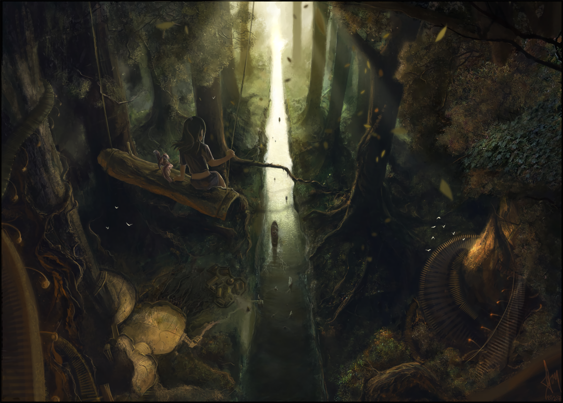 A captivating HD anime wallpaper featuring a serene forest scene with a glimmering path, evoking a sense of adventure and mystery. Original artwork with enchanting details.