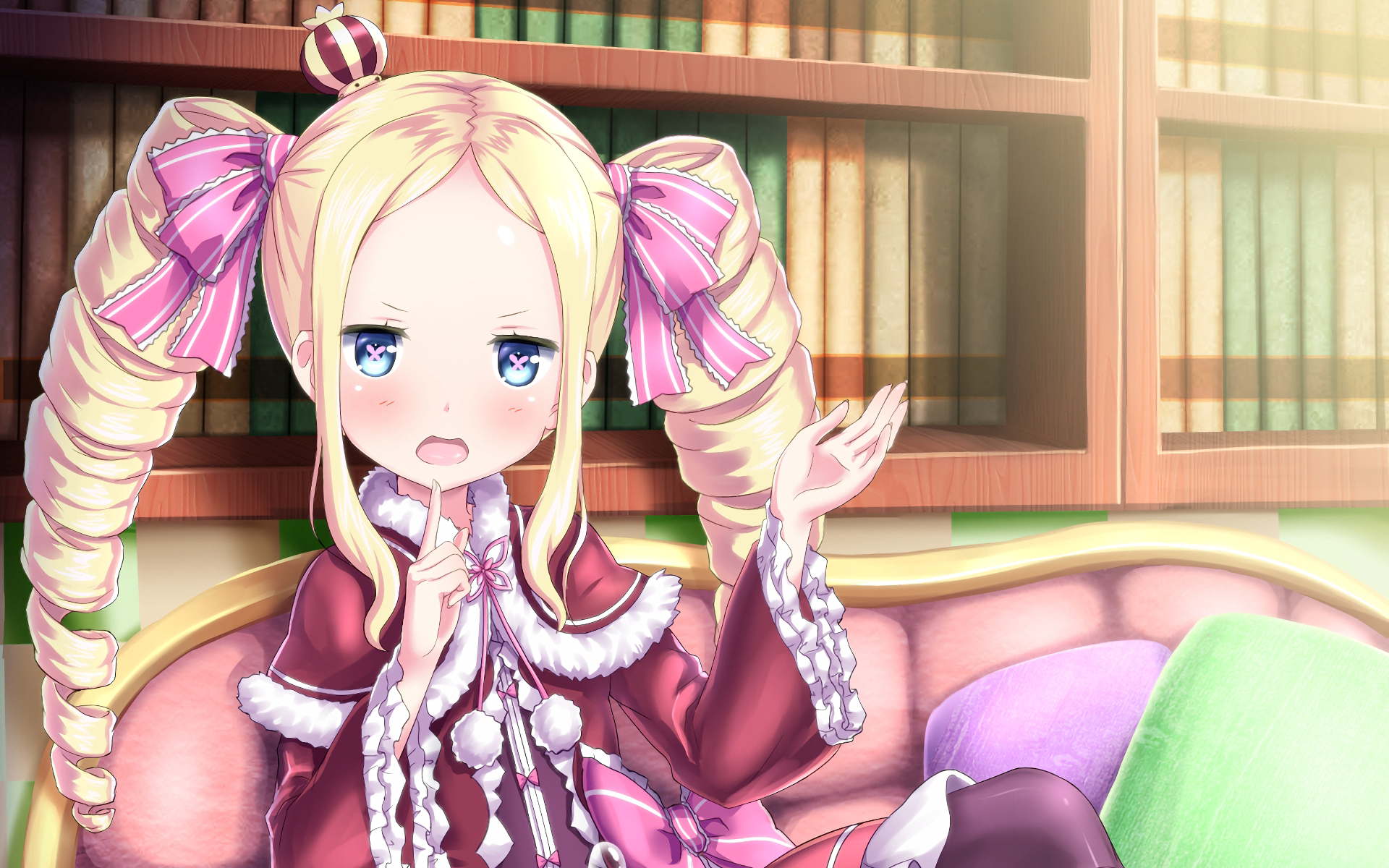 A HD desktop wallpaper featuring Beatrice from Re:ZERO - Starting Life in Another World, sitting on a couch in a cozy library, surrounded by books with a charming expression.
