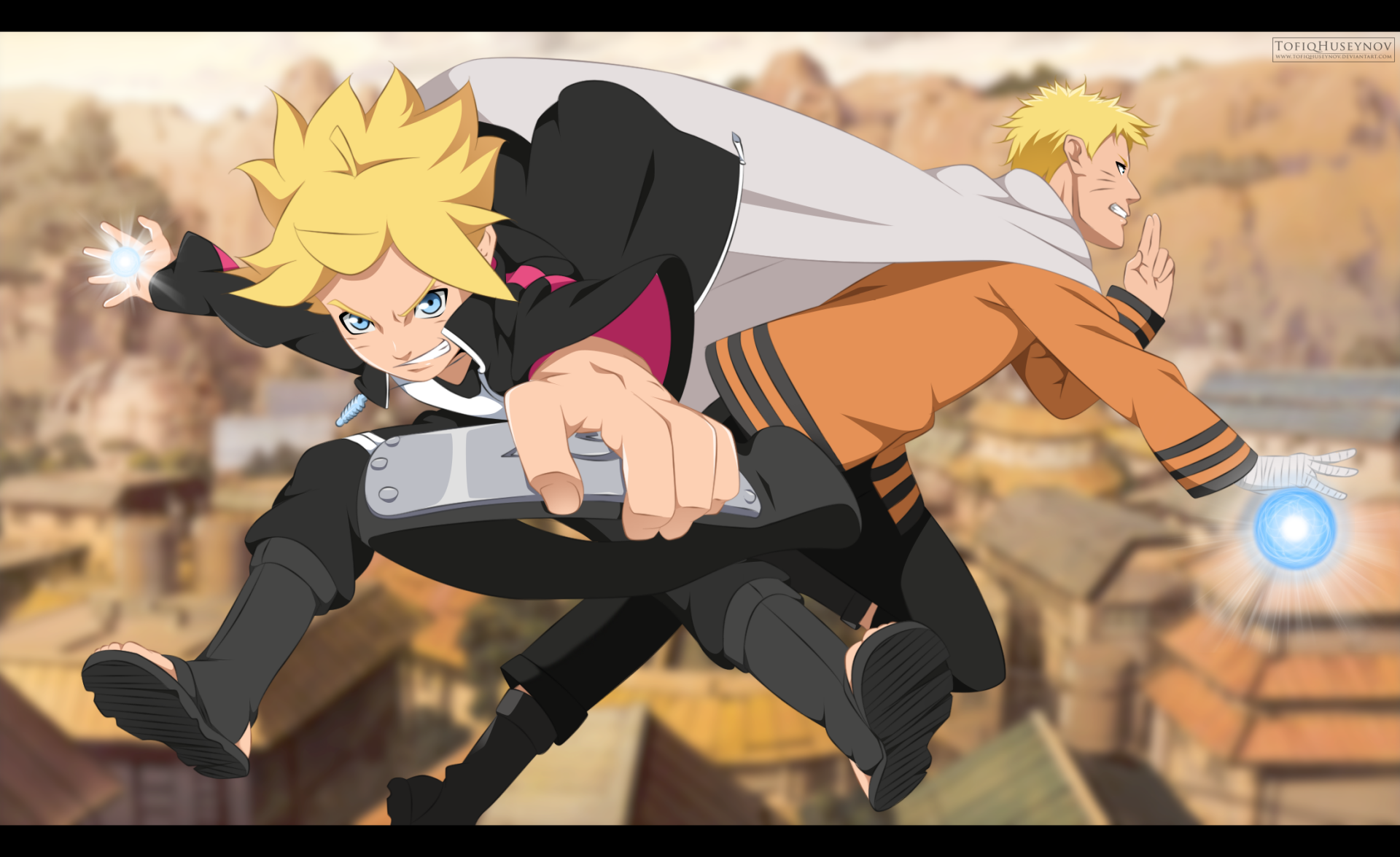 High-definition wallpaper featuring Naruto Uzumaki and his son Boruto Uzumaki in an action-packed anime scene, showcasing their dynamic relationship and adventure in the Hidden Leaf Village.