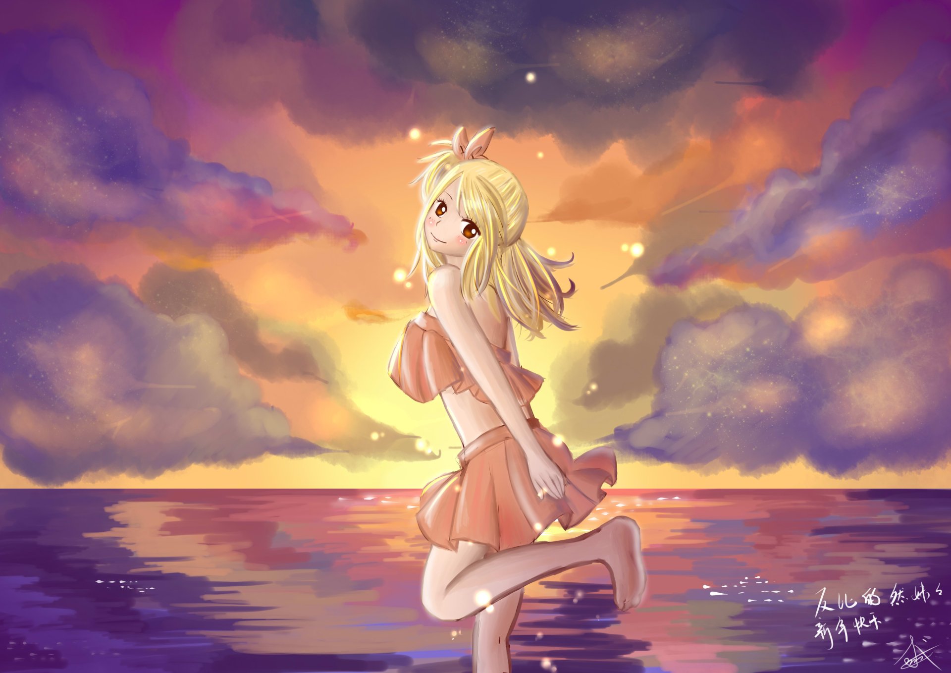 Lucy Heartfilia from Fairy Tail stands on a reflective beach at sunset, rendered in vivid anime style for a 4K Ultra HD PC desktop wallpaper.