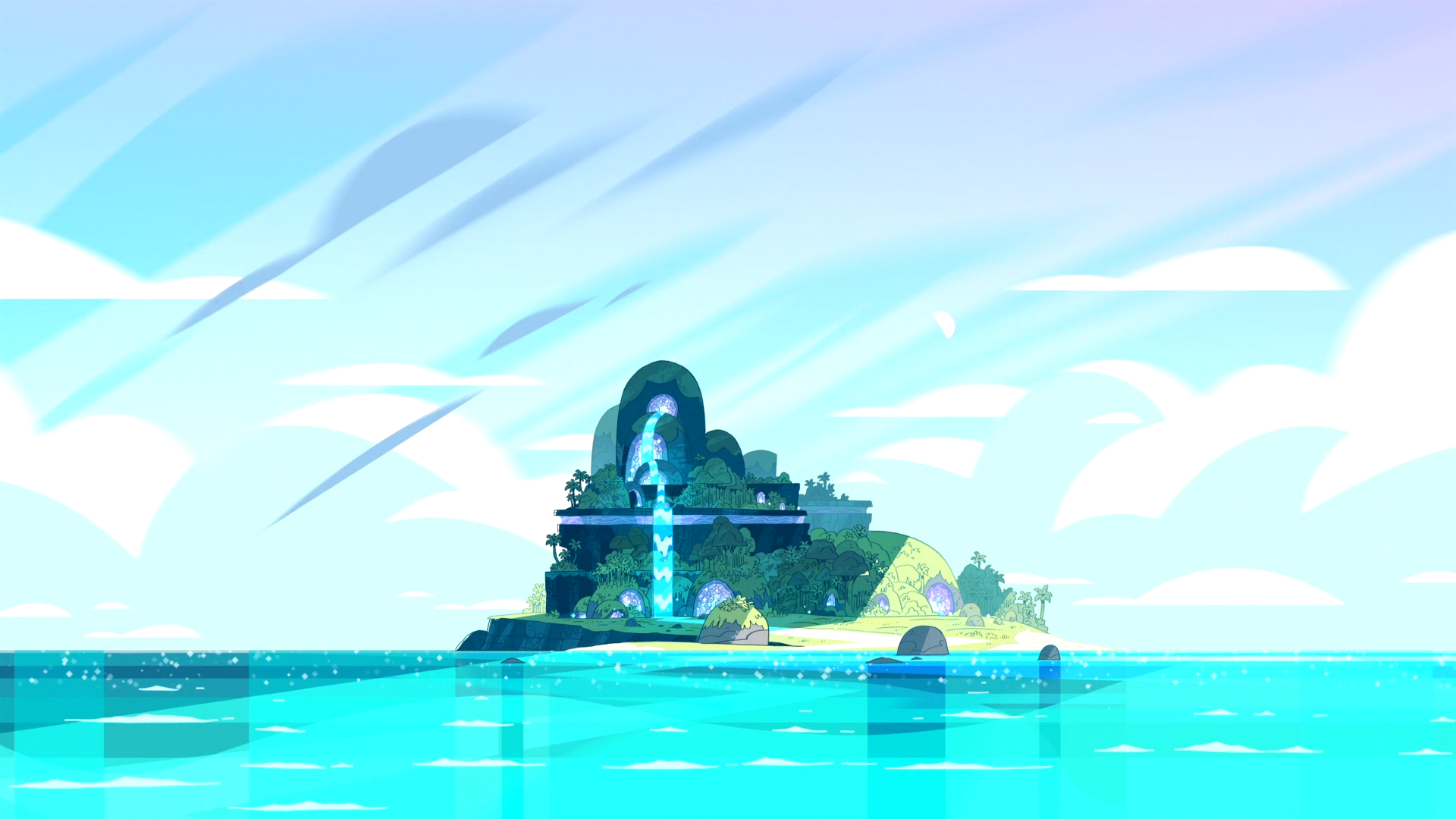 HD PC desktop wallpaper featuring a vibrant island scene from the TV show Steven Universe with clear blue skies and reflective ocean waters.