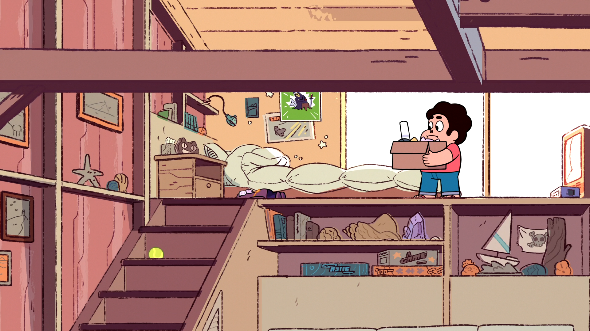 HD PC desktop wallpaper featuring a scene from the TV show Steven Universe, showing Steven interacting with a large cushion in a cozy, detailed interior setting.
