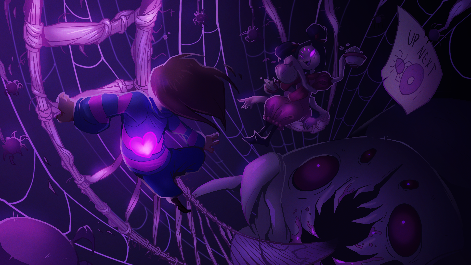 An HD wallpaper featuring Frisk and Muffet from Undertale, surrounded by a spider web and glowing eyes, creating an intriguing and atmospheric scene.