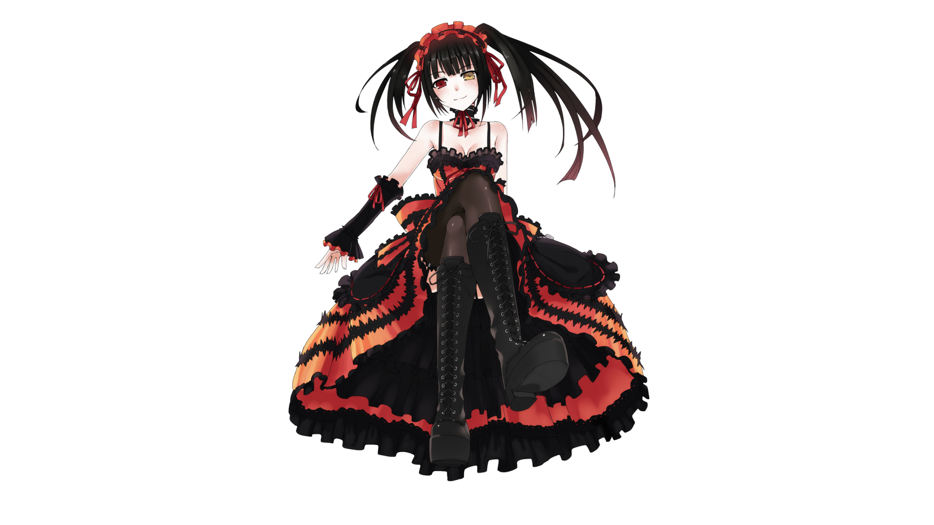 A stunning HD wallpaper featuring Kurumi Tokisaki from Date A Live, elegantly posed in a striking red and black dress, showcasing her iconic style and character design.