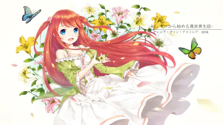 Theresia van Astrea from *Re:Zero - Starting Life in Another World* is depicted in a vibrant garden, surrounded by flowers and butterflies, with flowing red hair and a cheerful expression.
