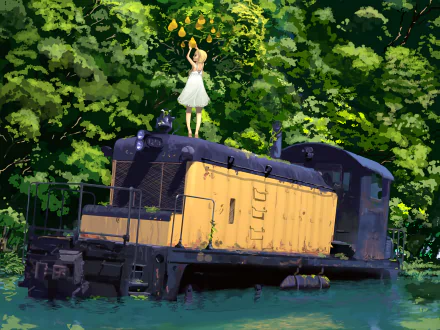 Anime train HD PC desktop wallpaper: yellow vintage train half-submerged in a forest pond, girl in a white dress standing on its roof holding leaves.