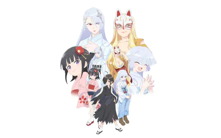 HD PC wallpaper of Young Kiitarou and His Youkai Picture Diary: Kiitarou, Yukimusume, Yukihaha, Suzu and Kitsunemen no Onna in a pastel group portrait on a white background.